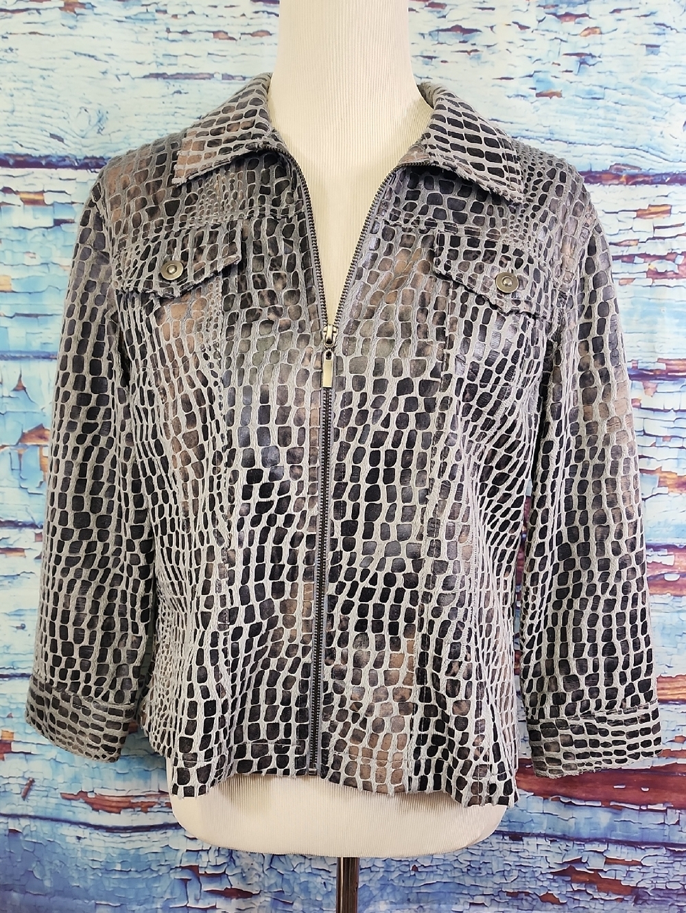 Ruby Rd. Gray Croc-Print Zip  Jacket
